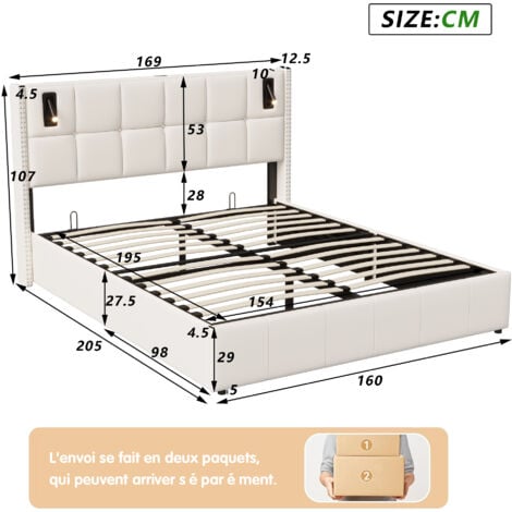 Lit coffre 160x200, lit 160x200 avec sommier, lit double capitonné, lit adulte avec liseuse intelligente, design rivets, velours, beige