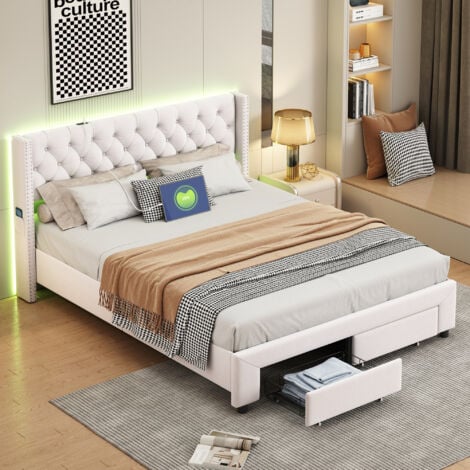 Lit 180x200 avec 2 tiroirs, lit double 180x200, lit adulte capitonné, tête de lit avec poches latérales, LED réglable, dossier moelleux, design rivets, velours, beige