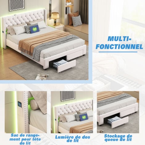 Lit 180x200 avec 2 tiroirs, lit double 180x200, lit adulte capitonné, tête de lit avec poches latérales, LED réglable, dossier moelleux, design rivets, velours, beige