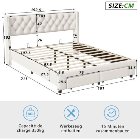 Lit 180x200 avec 2 tiroirs, lit double 180x200, lit adulte capitonné, tête de lit avec poches latérales, LED réglable, dossier moelleux, design rivets, velours, beige