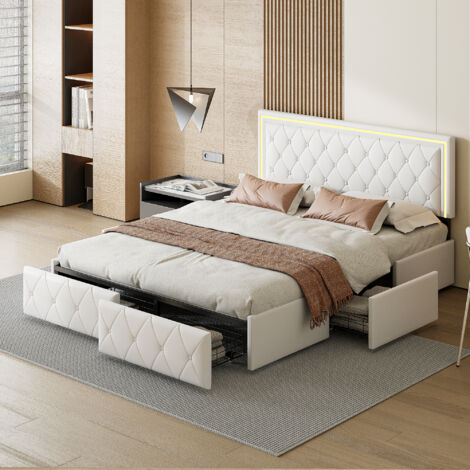 Pergar – Lit double 160x200 avec 4 tiroirs – Tête de lit réglable en hauteur – Lumières LED intégrées – Matériau PU blanc