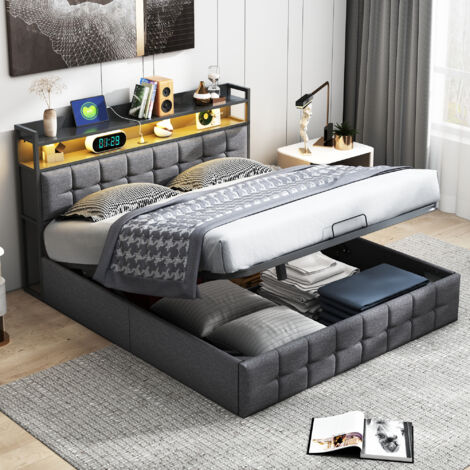 Pergar – Lit coffre 140x200 avec rangement – Dossier souple en velours gris – Chargement USB – Lumières LED – Matelas 140x200 cm compatible