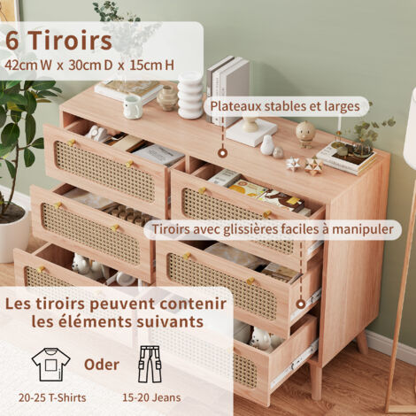 Commode 6 tiroirs en rotin naturel - Meuble de rangement étroit (100x34x73 cm) avec sécurité enfant & pieds surélevés [Design bohème pratique]