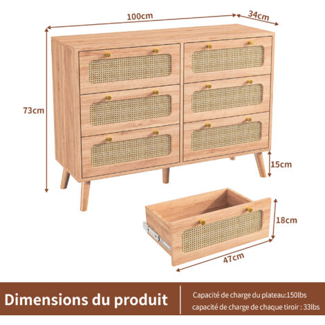 Commode 6 tiroirs en rotin naturel - Meuble de rangement étroit (100x34x73 cm) avec sécurité enfant & pieds surélevés [Design bohème pratique]