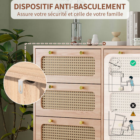Commode 6 tiroirs en rotin naturel - Meuble de rangement étroit (100x34x73 cm) avec sécurité enfant & pieds surélevés [Design bohème pratique]