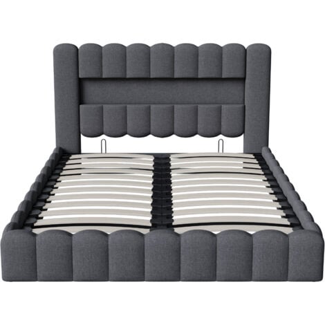 lit 160x200 avec sommier,lit coffre 160x200, lit 160x200,,lit adulte,rangement tête de lit,sommier à lattes,rechargeable USB,lin,Gris foncé