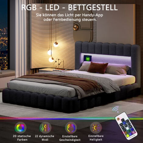 lit 160x200 avec sommier,lit coffre 160x200, lit 160x200,,lit adulte,rangement tête de lit,sommier à lattes,rechargeable USB,lin,Gris foncé