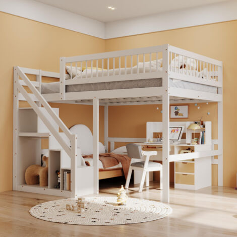 Pergar – Lit mezzanine 2 places 90x200 – Bois massif blanc – Escalier avec rangement – Garde-corps sécurisé – Idéal pour chambre enfant
