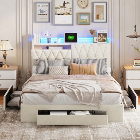 Lit adult 160x200 avec tiroirs,lit 160x200,lit capitonné,avec rangement tête de lit, tête de lit ouverte,chargement USB,LED réglable,velours,beige