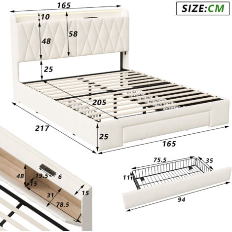 Lit adult 160x200 avec tiroirs,lit 160x200,lit capitonné,avec rangement tête de lit, tête de lit ouverte,chargement USB,LED réglable,velours,beige