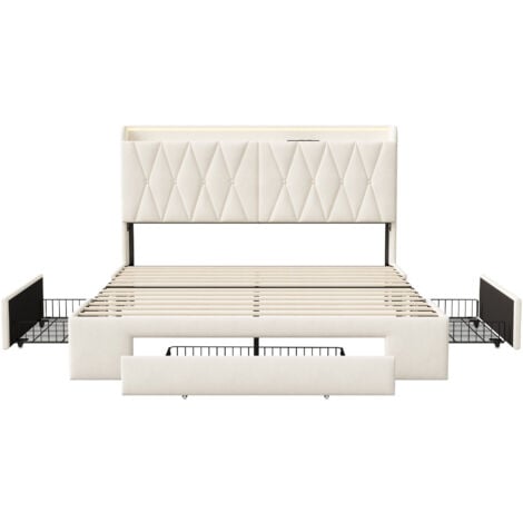 Lit adult 160x200 avec tiroirs,lit 160x200,lit capitonné,avec rangement tête de lit, tête de lit ouverte,chargement USB,LED réglable,velours,beige