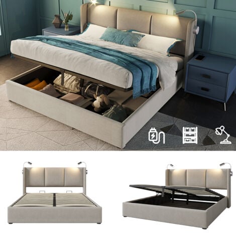 Lit coffre 160x200,lit 160x200 avec sommier,lit double,lit adulte,avec chargement USB, avec liseuse,lin,Beige