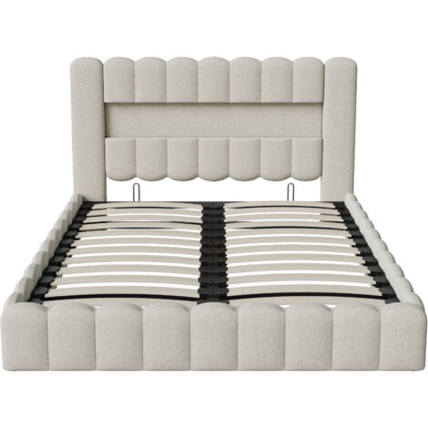 lit 160x200 avec sommier,lit coffre 160x200, lit 160x200,lit adulte,rangement tête de lit,sommier à lattes,rechargeable USB,lin,Beige