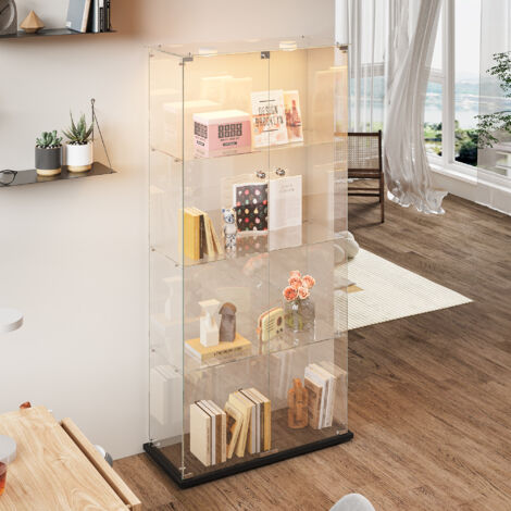 Vitrine en verre,vitrine,vitrine pour collection,avec quatre cloisons vitrées, huit portes, lampe, 78,5x35x163 cm,Noir