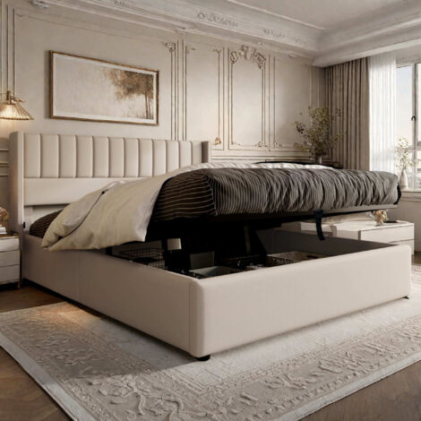 Lit coffre 160x200 cm, lit 160x200 avec sommier, lit adulte, lit double, lit rembourré, lit moderne, tête de lit design, lin, beige