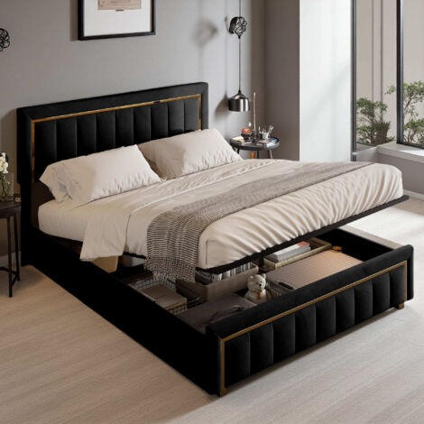 Lit coffre 140x200, lit 140x200 avec sommier, lit double rembourré,lit adulte, conception plaquée or, velours, noir