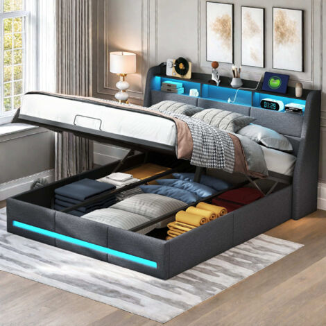 Pergar – Lit coffre 160x200 avec éclairage LED réglable – Tissu en lin gris – Rangement sous le lit avec tige pneumatique – Prise USB intégrée