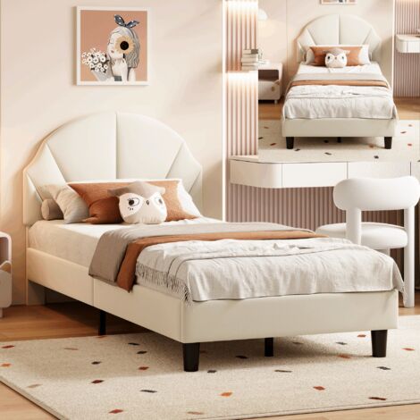 Lit enfant 90x200 cm,lit rembourré simple avec sommier à lattes,tête de lit réglable en hauteur,tissu en velours,beige