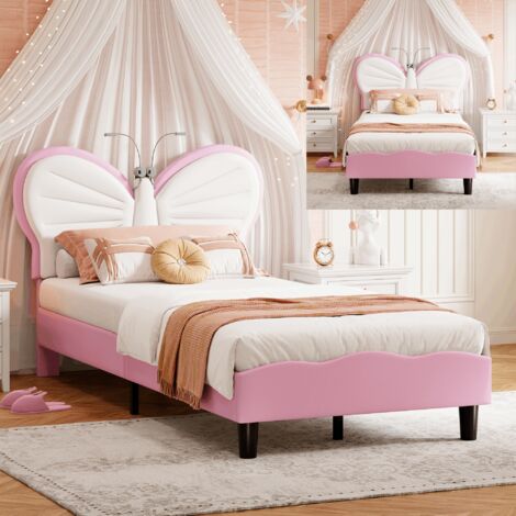 Pergar – Lit enfant 90x200 cm – Tête de lit papillon en velours – 2 lampes de lecture LED – Structure en PU – Hypoallergénique – Rose