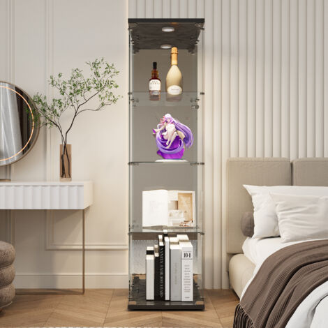 Pergar – Vitrine en verre trempé 4 étagères – Éclairage LED réglable – Design miroir noir – Dimensions 42.5x36.5x164 cm – Présentoir pour collection