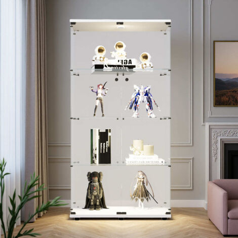 Pergar – Vitrine en verre trempé 4 niveaux – Éclairage LED réglable – Double porte – Dimensions 80.5x36.5x164 cm – Base blanche pour salon