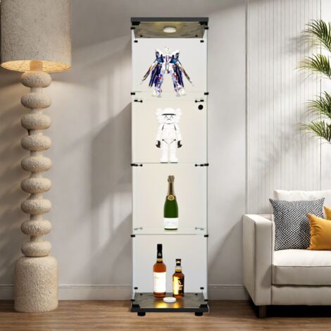 Pergar – Vitrine d'exposition 4 étagères en verre trempé – Éclairage LED réglable – Simple porte – Dimensions 42.5x36.5x164 cm – Base noire