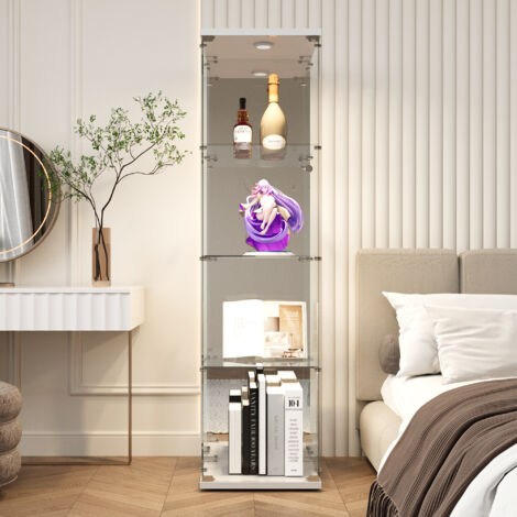 Pergar – Vitrine en verre trempé 4 étagères – Éclairage LED réglable – Verre miroir – Dimensions 42.5x36.5x164 cm – Pour collection et boutique
