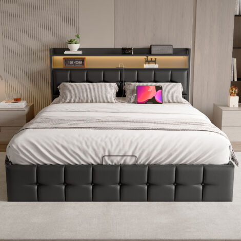 Pergar – Lit coffre 140x190 avec rangement USB – Tête de lit LED – Dossier souple en PU noir – Dimensions 193x146x105 cm