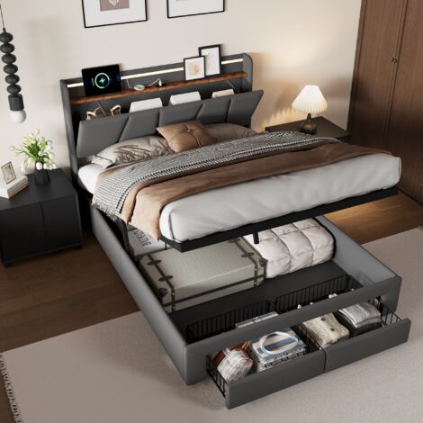Lit coffre 140x200cm, lit double 140x200 avec tiroirs, tête de lit avec rangement, LED et USB, tissu lin, gris foncé