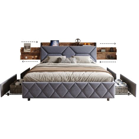 Pergar – Lit 160x200 avec 4 tiroirs – Dossier rembourré ergonomique à 95° – Tissu lin durable – Ports USB et Type-C intégrés