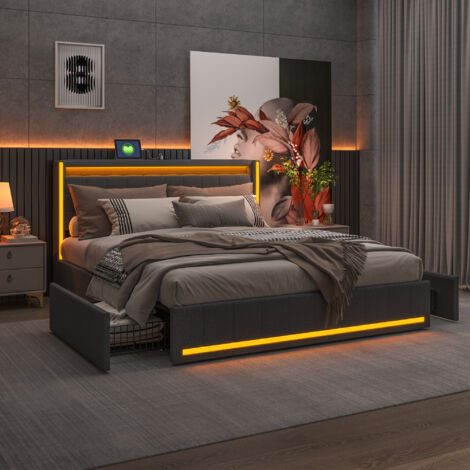 Pergar – Lit 140x200 avec tiroirs – Tissu en lin gris foncé – Éclairage LED réglable – Ports USB pour recharge – 4 grands tiroirs de rangement