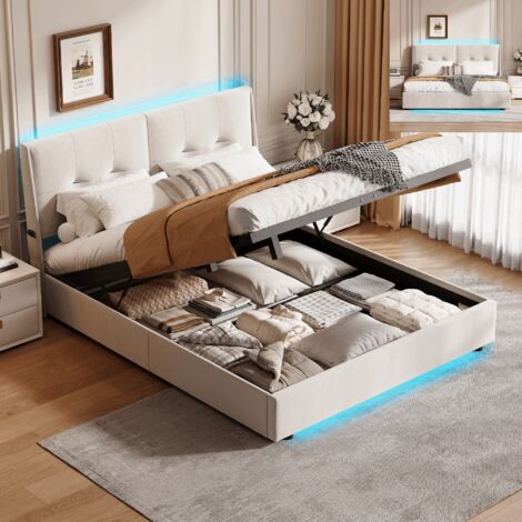 lit coffre 140x190,avec sommier à lattes,lit adulte,lit double,avec LED,tissu en velours,Beige