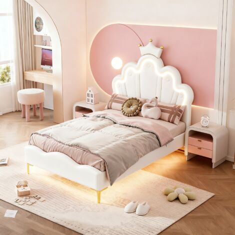 Pergar – Lit enfant princesse 90x200 cm – Structure robuste en métal – Tête de lit couronne – Matériau PU hypoallergénique – Sommier à lattes non inclus