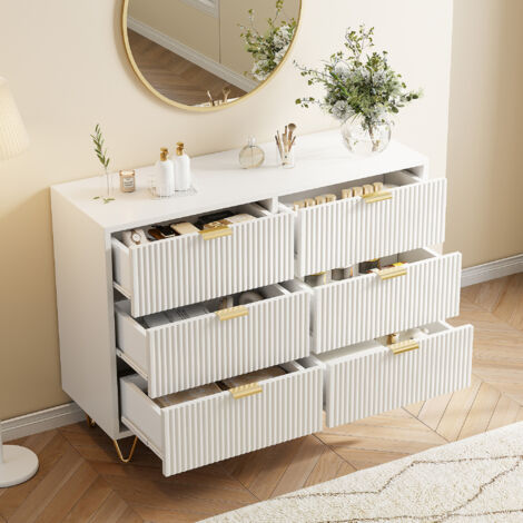 Pergar – Commode blanche 6 tiroirs 100x34x73 cm – MDF + métal – Motif ondulé avec poignées dorées – Conception anti-basculement
