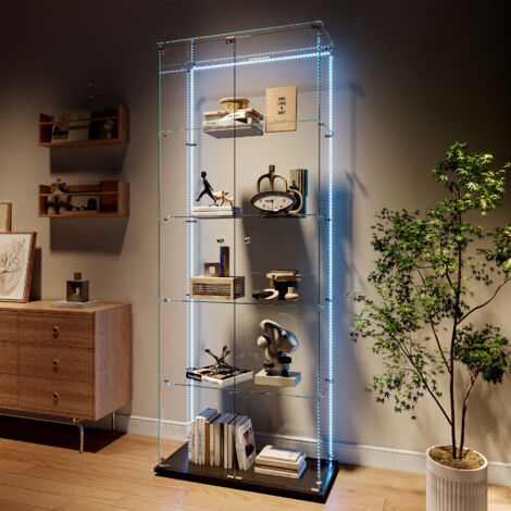 Vitrine Verre Trempé 5 Étagères, Multifonctionnelle présentoir à double porte, Poignée Métal et Fermeture à Clé, LED réglable, base noir, 78.5x34.5x186.5 cm
