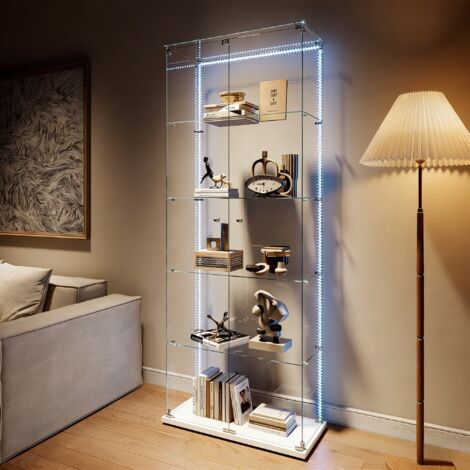 Vitrine Verre Trempé 5 Étagères, Multifonctionnelle présentoir à double porte, Poignée Métal et Fermeture à Clé, LED réglable, base blanc, 78.5x34.5x186.5 cm
