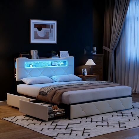 Lit 160x200 avec tiroirs,lit double capitonné,lit adulte,avec bande lumineuse LED et chargement USB,tissu en velours,beige