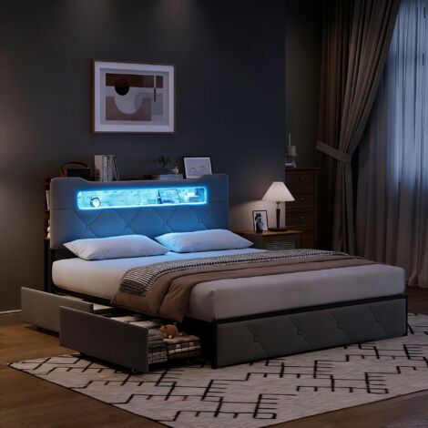 Lit 160x200 avec tiroirs,lit double capitonné,lit adulte,avec bande lumineuse LED et chargement USB,tissu en velours,gris