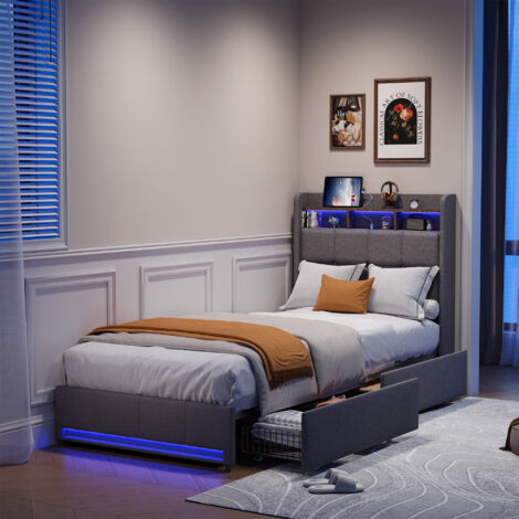 Lit 90x200 avec tiroirs,lit simple,avec LED réglable et chargement USB,2 tiroirs,tissu en lin,gris