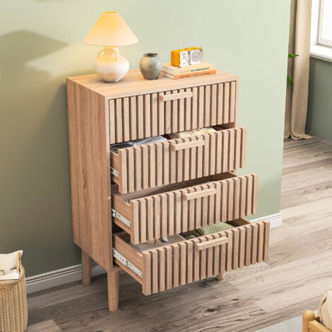 Commode 4 tiroirs, 60x34x91 cm, poignées en bois, conception de la ventilation, style scandinave, pour chambres et salons, couleur bois nature