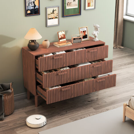 Commode 6 tiroirs, 100x34x73 cm, poignées en bois, conception de la ventilation, style scandinave, pour chambres et salons, couleur noyer
