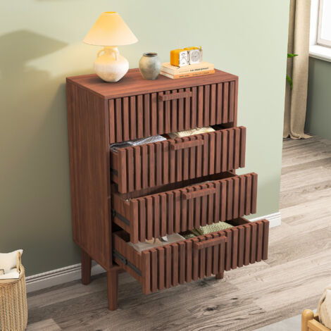 Commode 4 tiroirs, 60x34x91 cm, poignées en bois, conception de la ventilation, style scandinave, pour chambres et salons, couleur noyer
