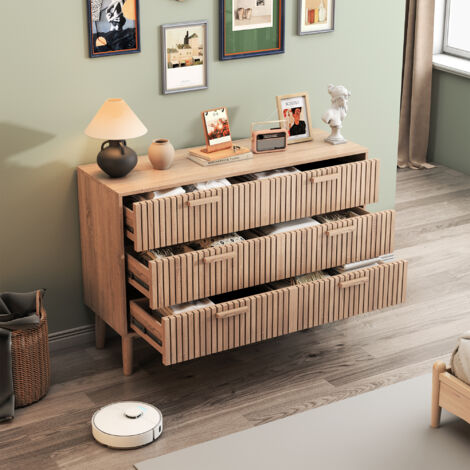 Commode 6 tiroirs, 100x34x73 cm, poignées en bois, conception de la ventilation, style scandinave, pour chambres et salons, couleur bois nature