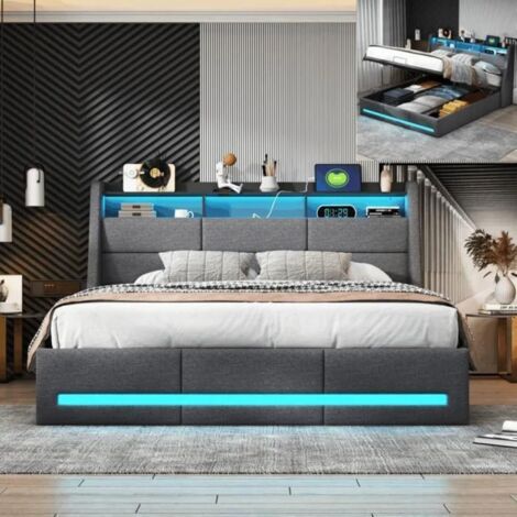 Lit coffre 140x200,lit double capitonné,avec sommier,LED réglable et chargement USB,tissu en lin,Gris foncé