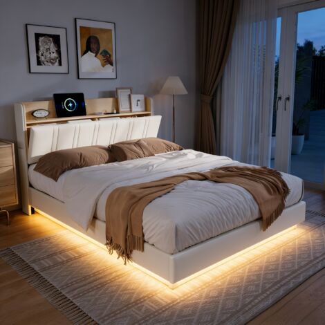 Lit 140x200 avec LED, lit adulte, lit flottant, lit double, ports USB + Type-C, PU, blanc