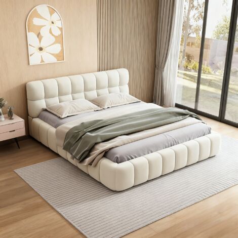 Lit 140x190, lit double, lit adulte, lit de sol, lit capitonné, cadre de lit avec tête de lit, sommier à lattes, lin, beige