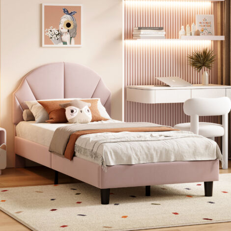 Lit 90x190 cm,lit simple 90x190,lit princesse,lit fille,lit enfant,lit adulte,avec sommier à lattes,tête de lit réglable en hauteur,tissu en velours,rose