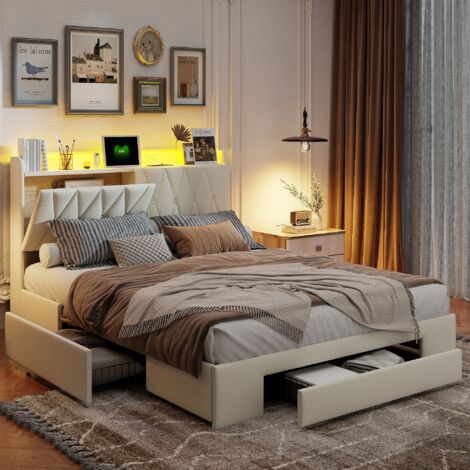 Lit 140x200, lit adulte, lit double avec tiroirs, lit capitonné, rangement de tête de lit, ports USB et éclairage LED, velours, beige