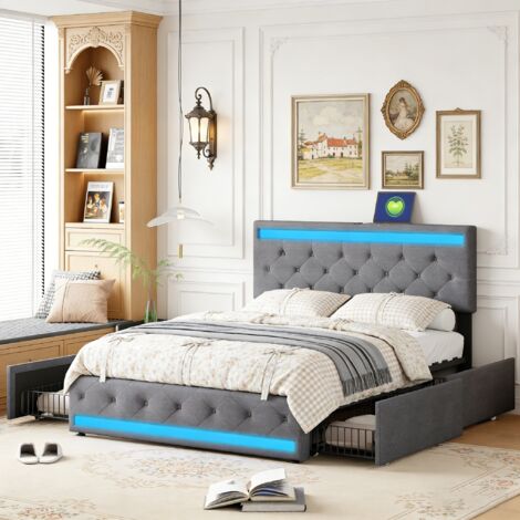 Lit adulte 140x190, lit 140x190 avec tiroirs, lit double, lit capitonné, lumières LED réglables, ports USB + Type-C, style scandinave moderne, tissu en lin, gris