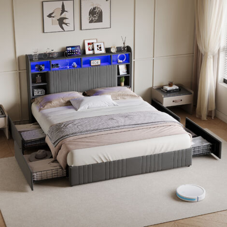 Lit 160x200 avec tiroirs, lit 160x200 avec LED, lit adulte, lit double, lit capitonné, tête de lit avec rangement, USB + Type-C, lin, gris